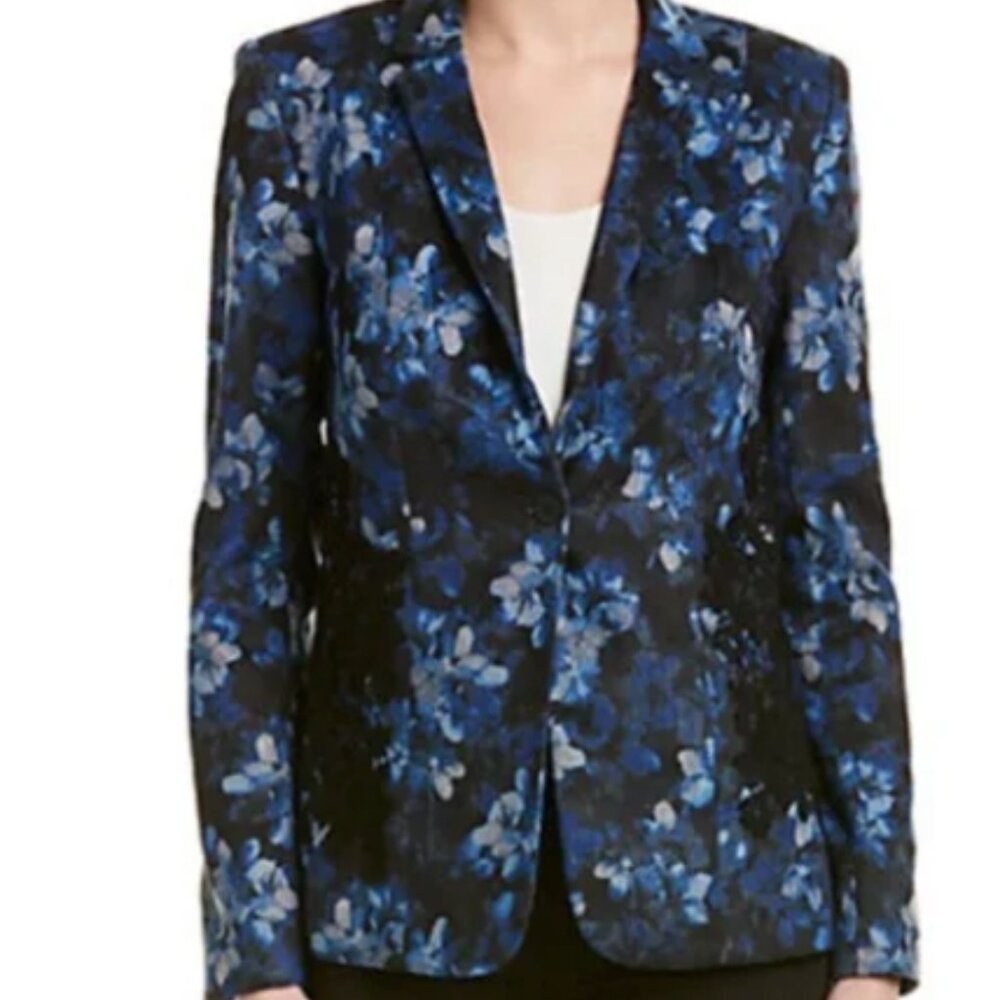 Tahari Blue Floral Blazer Lace Trim